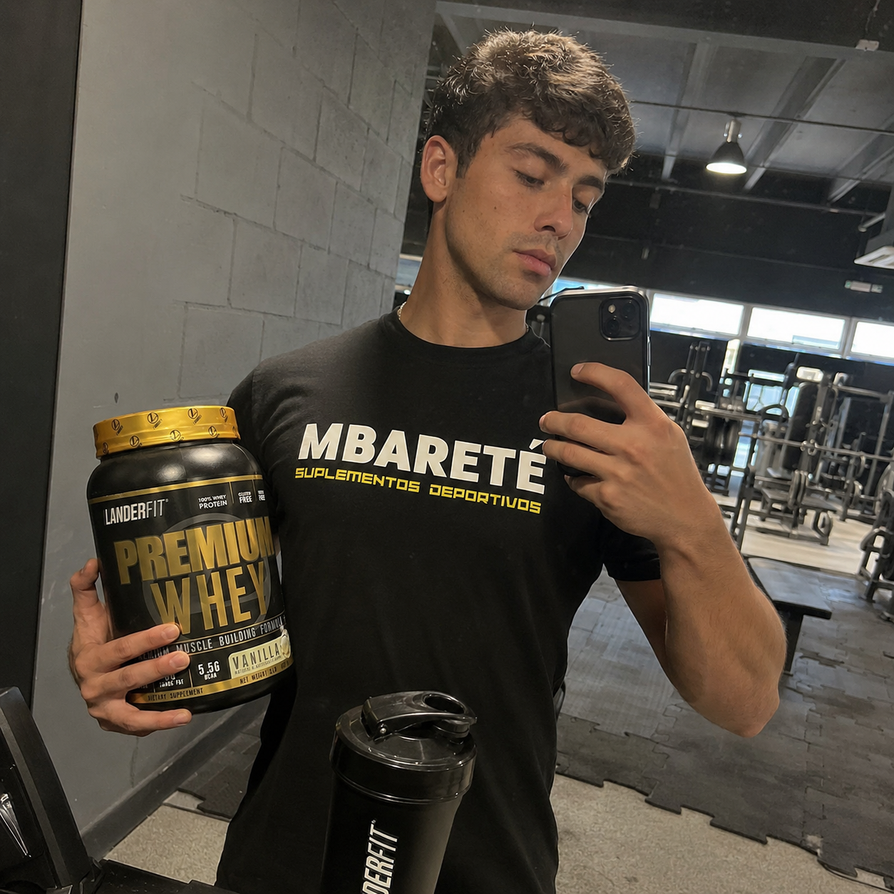 Persona en gimnasio con LanderFit Premium Whey y remera Mbareté